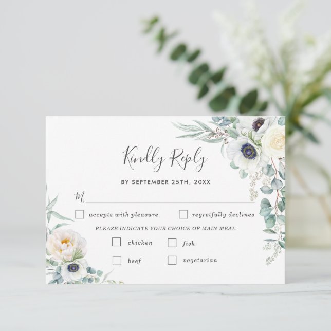 Tarjeta De Confirmación De Asistencia Moda Marfil Peony Elección de Boda Floral Blanco (Anverso de pie)