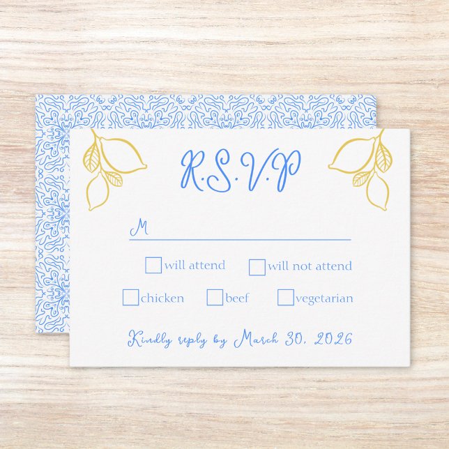 Tarjeta De Confirmación De Asistencia Moda Mediterráneo Lemon Blue Tile Boda italiano (Customize this chic lemon-themed RSVP card to match your Mediterranean-inspired wedding invitations.)