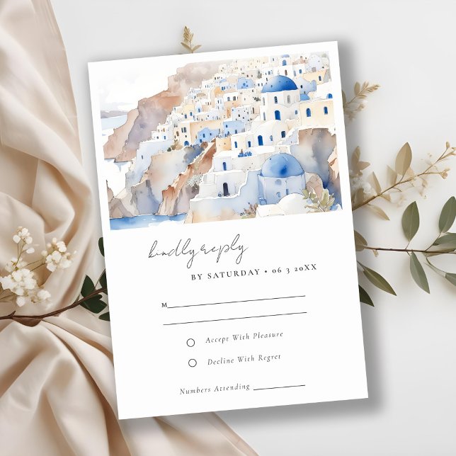 Tarjeta De Confirmación De Asistencia Moda mínima Santorini Grecia Boda acuarela (Subido por el creador)