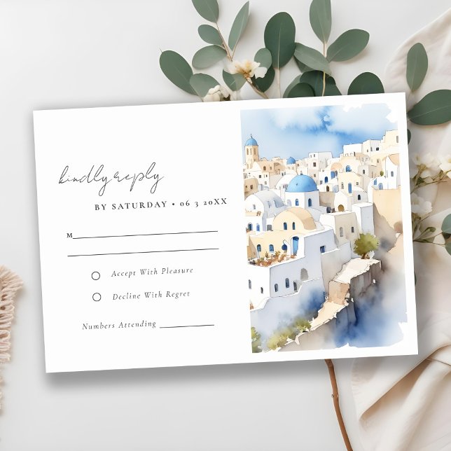 Tarjeta De Confirmación De Asistencia Moda mínima Santorini Grecia Boda acuarela (Subido por el creador)