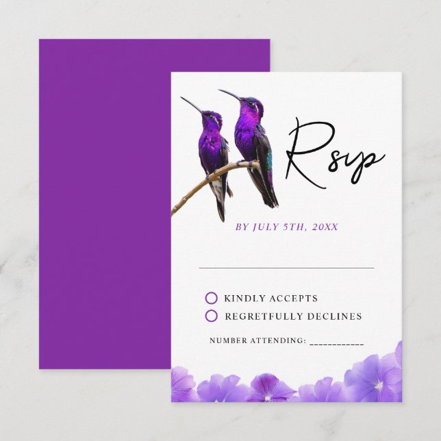 Tarjeta De Confirmación De Asistencia Moda Morado Hummingbirds y Petales Boda (Anverso / Reverso)