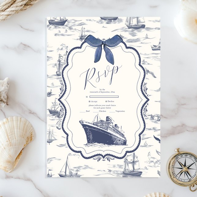 Tarjeta De Confirmación De Asistencia Moda Nautical Toile de Jouy Bow Boda (Subido por el creador)