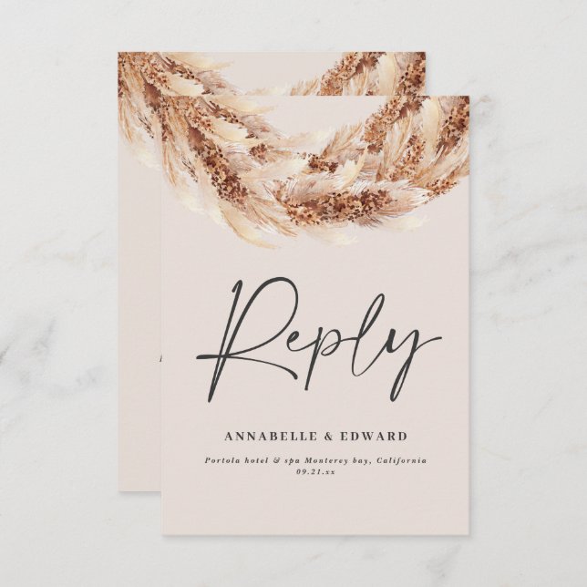 Tarjeta De Confirmación De Asistencia Moda negra moderna pampas rústica boda de hierba R (Anverso / Reverso)