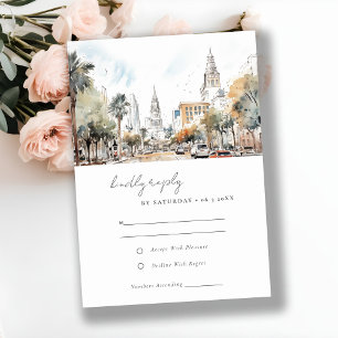 Tarjeta De Confirmación De Asistencia Moda Orlando Florida Skyline Watercolor Boda
