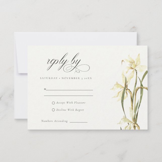 Tarjeta De Confirmación De Asistencia Moda Rústico Blanco Daffodil Boda de acuarela (Anverso)