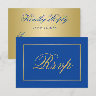 Tarjeta De Confirmación De Asistencia Moda Sapphire Blue Gold Script Calligraphy Boda