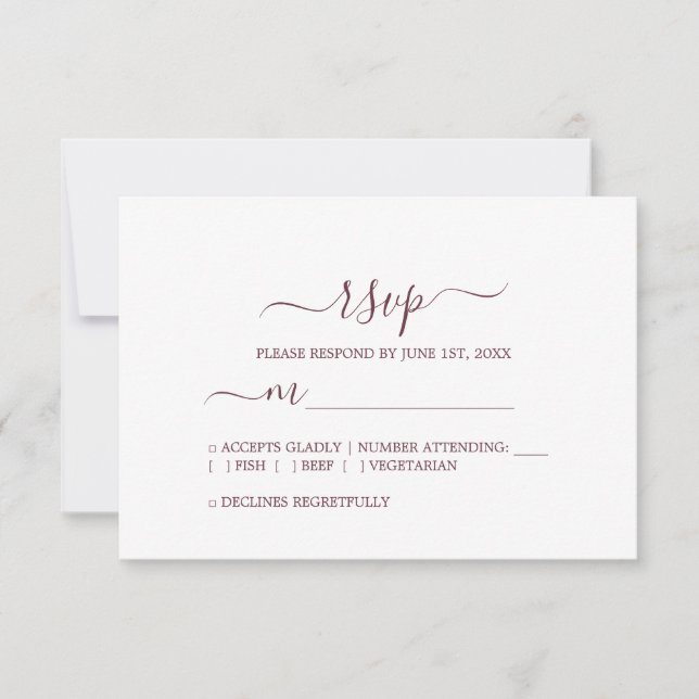 Tarjeta De Confirmación De Asistencia Moda Script Burgundy Boda mínimo (Anverso)