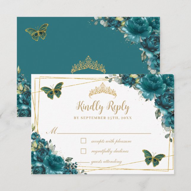 Tarjeta De Confirmación De Asistencia Moda Verde azulada Mariposas Cyan Floral Gold Quin (Anverso / Reverso)