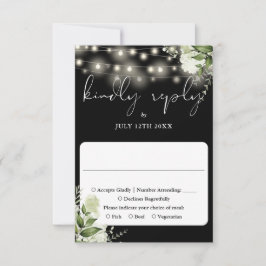 Tarjeta De Confirmación De Asistencia Moda Verde Negro Floral String Lights Boda