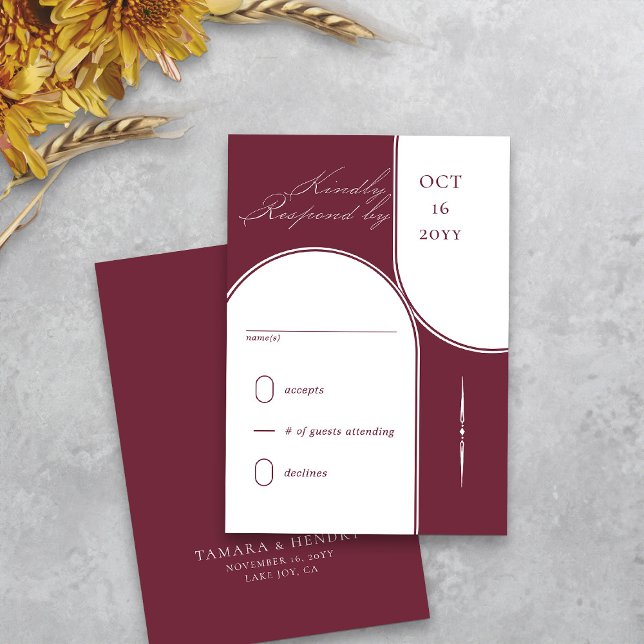 Tarjeta De Confirmación De Asistencia Modern Arch Elegant Calligraphy Borgoña Boda (Modern arches burgundy wedding rsvp card from my Wedding Colors collection)