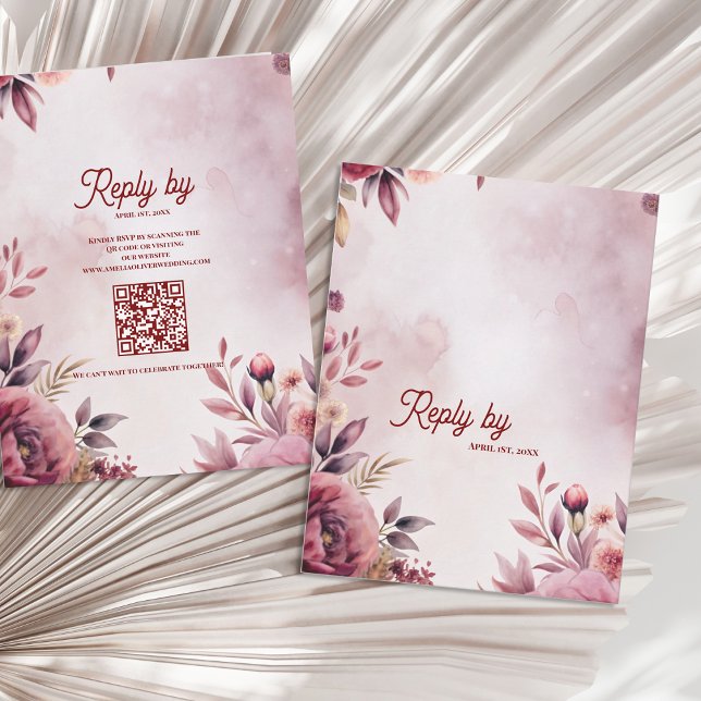 Tarjeta De Confirmación De Asistencia Modern Blush Pink Floral QR Code Romantic Wedding (Blush Pink Floral Wedding RSVP Card with QR Code | Modern Floral Reply Card)