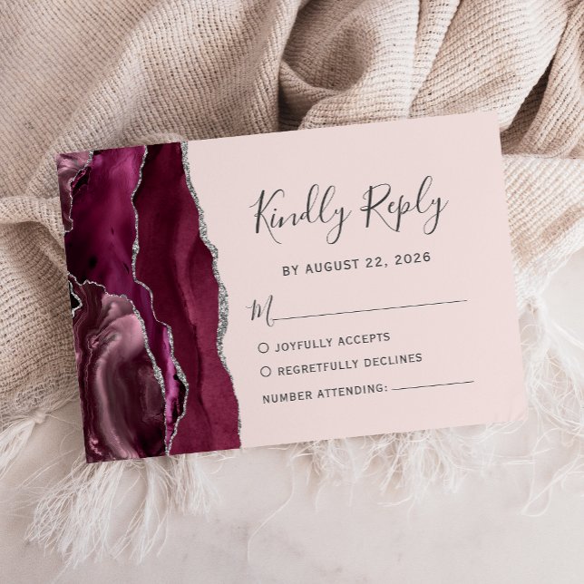 Tarjeta De Confirmación De Asistencia Modern Burgundy Silver Agate Blush Pink Wedding (Subido por el creador)