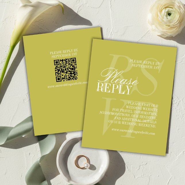 Tarjeta De Confirmación De Asistencia Modern Chartreuse Script QR Code Formal Wedding  (Modern Chartreuse Script QR Code Formal Wedding RSVP Card)