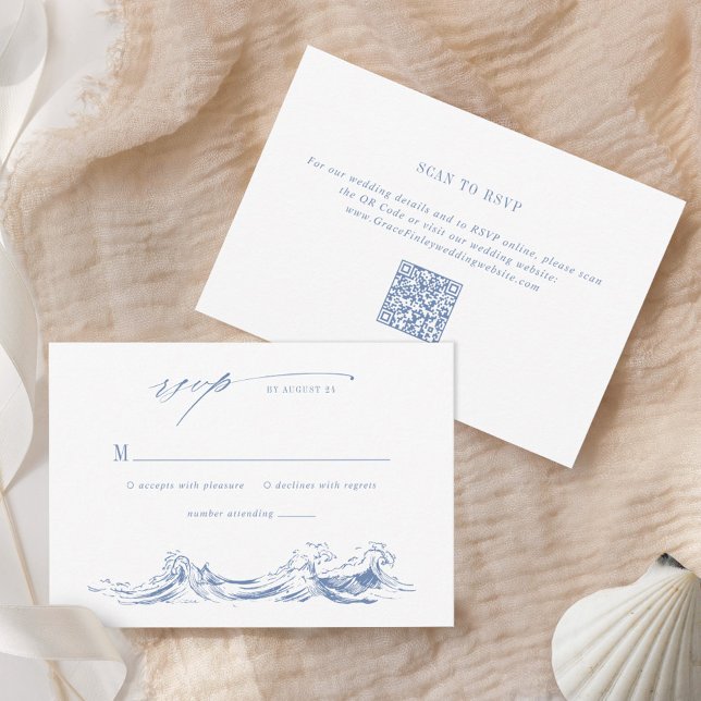 Tarjeta De Confirmación De Asistencia Modern Coastal Chic Blue QR Code Wedding (Subido por el creador)