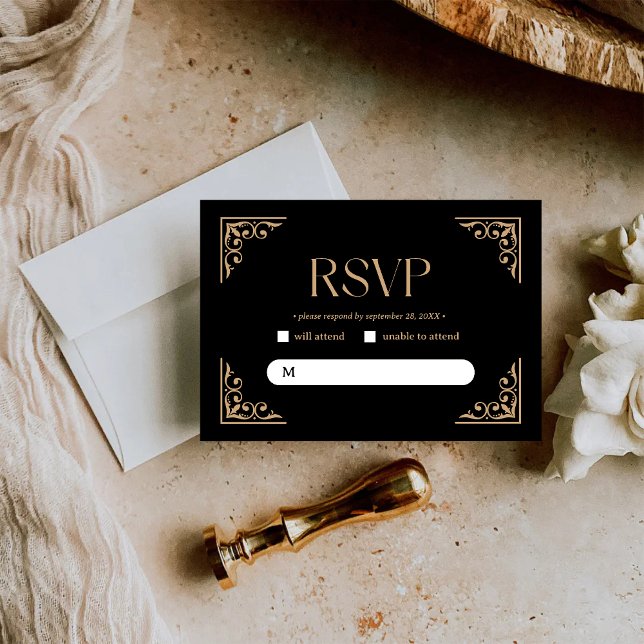 Tarjeta De Confirmación De Asistencia Modern Deco | Elegant Black and Gold Wedding (Subido por el creador)