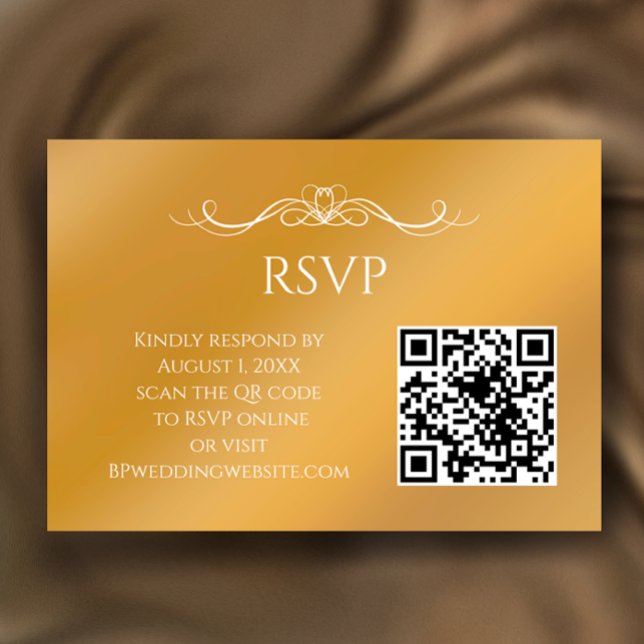 Tarjeta De Confirmación De Asistencia Modern Gold Gradient Custom QR Code Wedding (Customize this faux gold gradient RSVP card with your QR code and elegant calligraphy script.)
