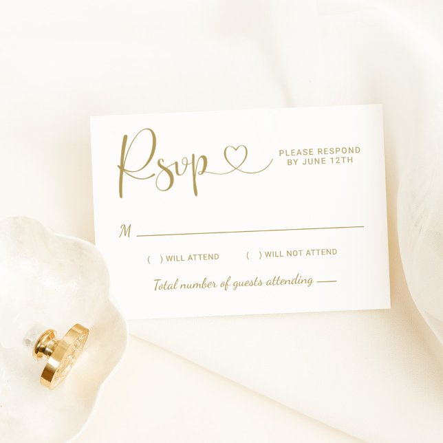 Tarjeta De Confirmación De Asistencia Modern Gold Heart Calligraphy Boda de guiones (Subido por el creador)