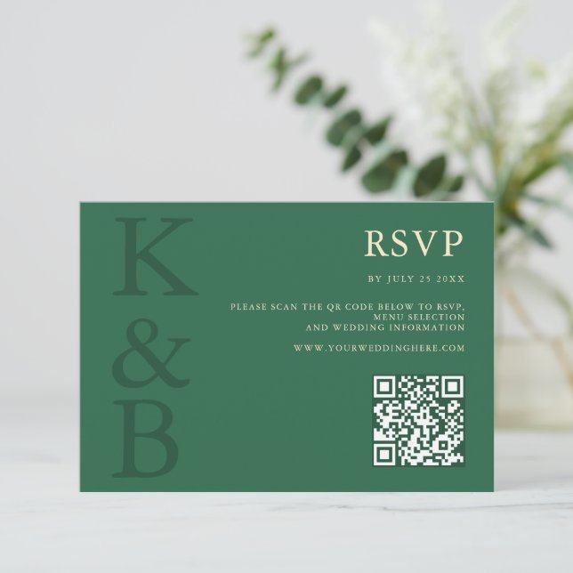 Tarjeta De Confirmación De Asistencia Modern Green Monogram Minimalist Wedding (Anverso de pie)