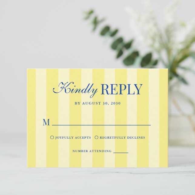 Tarjeta De Confirmación De Asistencia Modern Italian Striped Blue & Yellow Wedding (Anverso de pie)