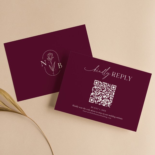 Tarjeta De Confirmación De Asistencia Modern Minimal Burgundy Boho Wedding QR Code (Subido por el creador)