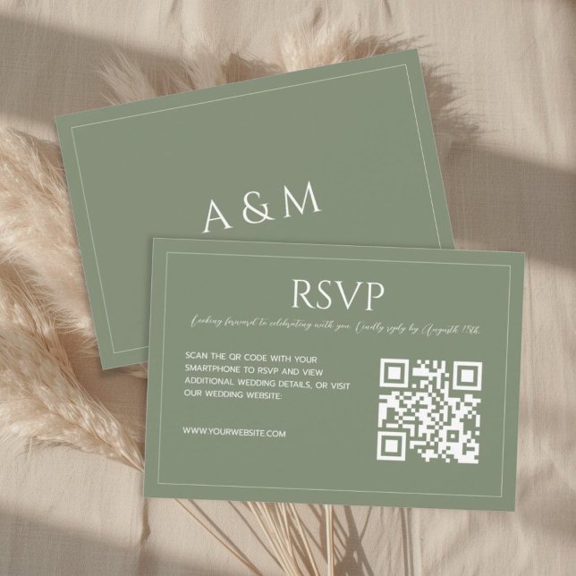 Tarjeta De Confirmación De Asistencia Modern minimalist sage green QR code wedding  (Subido por el creador)