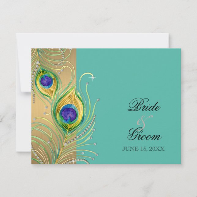 Tarjeta De Confirmación De Asistencia Modern Peacock Feathers Faux Jewel Scrorl (Anverso)