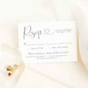 Tarjeta De Confirmación De Asistencia Modern Silver Heart Calligraphy Script Boda
