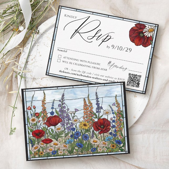 Tarjeta De Confirmación De Asistencia Modern Wildflower Stained Glass Floral Wedding (Modern wildflower daisy sunflower red poppy stained glass QR code wedding invitation Rsvp Card)