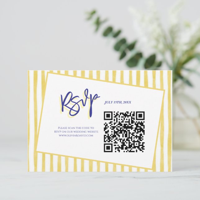Tarjeta De Confirmación De Asistencia Modern Yellow Hand Written Stripe QR Code Wedding (Anverso de pie)