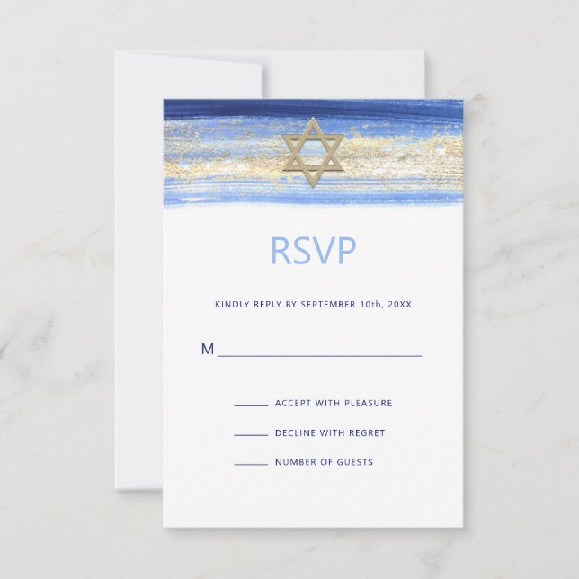 Tarjeta De Confirmación De Asistencia Moderna acuarela Blue Gold Star BAR MITZVAH (Anverso)