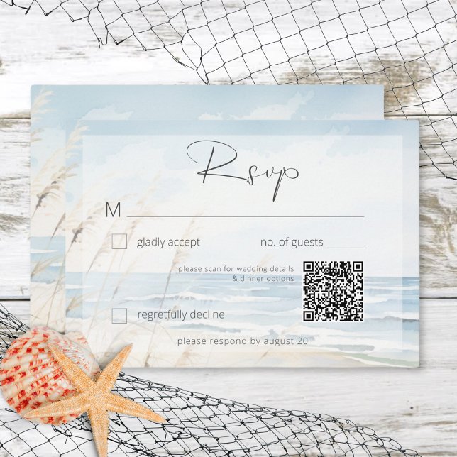 Tarjeta De Confirmación De Asistencia Moderna acuarela costera Beach Wedding Código QR (Modern Seaside Watercolor Beach Wedding QR Code RSVP Card)