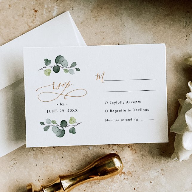 Tarjeta De Confirmación De Asistencia Moderna acuarela Eucalyptus Greenery Gold Boda (Subido por el creador)