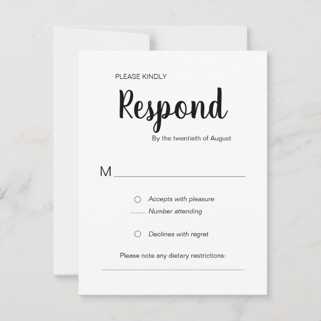 Tarjeta De Confirmación De Asistencia Moderna Boda de moda en blanco negro (Anverso)