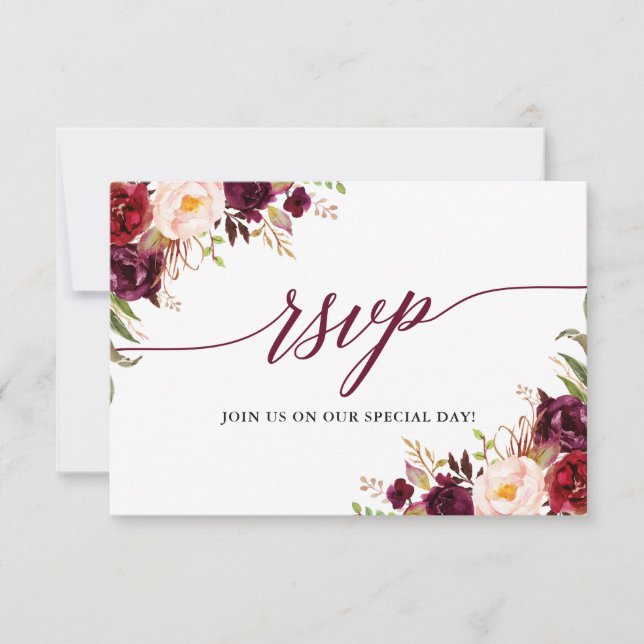 Tarjeta De Confirmación De Asistencia Moderna caligrafía elegante Boda floral borgoña (Anverso)