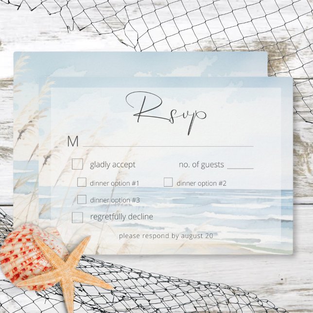 Tarjeta De Confirmación De Asistencia Moderna Cena de Boda de Playa de Acuarela Marítima (Modern Seaside Watercolor Beach Wedding Dinner RSVP Card)