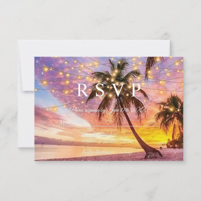 Tarjeta De Confirmación De Asistencia Moderna playa de atardecer y estrellas Boda de ver (Anverso)