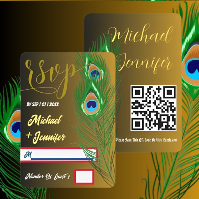 Tarjeta De Confirmación De Asistencia Moderna pluma de pavo real Golden Black Custom Wed (Subido por el creador)