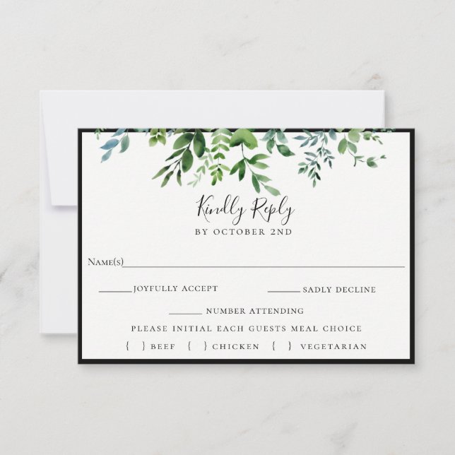 Tarjeta De Confirmación De Asistencia Moderna vegetación Boda negra Elección de la comid (Anverso)