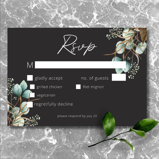 Tarjeta De Confirmación De Asistencia Moderna y elegante cena de Bodas negros con person (Modern Elegant White Peonies Black Wedding Dinner RSVP Card)