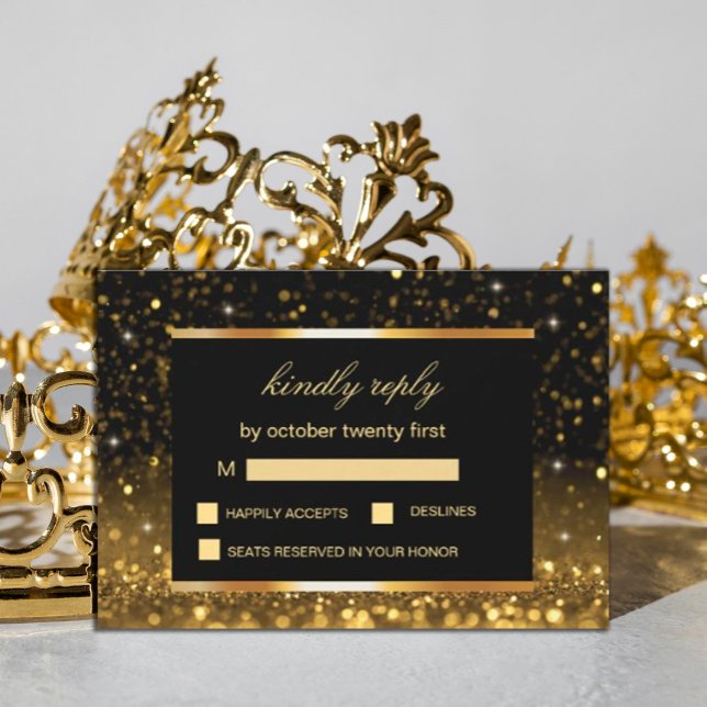 Tarjeta De Confirmación De Asistencia Modernas espárragos negros de oro de lujo (#zazzlemade #weddings gold, #rsvpcard  #gold and black #sparklescard)