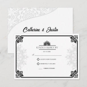 Tarjeta De Confirmación De Asistencia Moderno Art Deco Peacock Negro y Boda Blanco