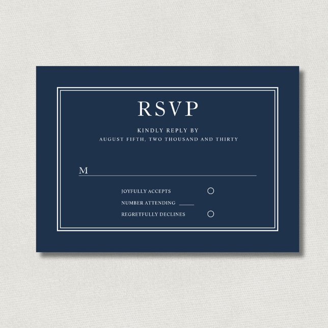 Tarjeta De Confirmación De Asistencia Moderno Boda Azul de la Marina Clásica (Modern Elegant Classic Navy Blue Wedding RSVP Card)