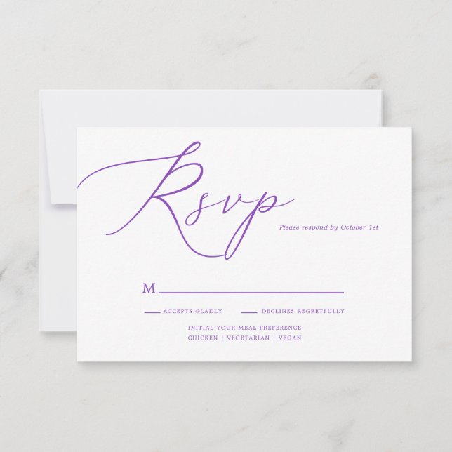 Tarjeta De Confirmación De Asistencia Moderno Boda de caligrafía púrpura simple (Anverso)