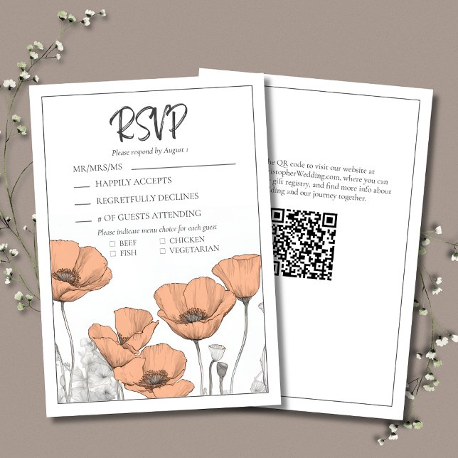 Tarjeta De Confirmación De Asistencia Moderno Boda elegante de Peach Floral Poppies (Peach Floral Wedding RSVP with California Poppies, Modern Typography and QR Code for wedding website)