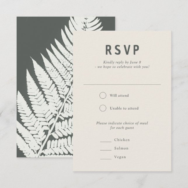 Tarjeta De Confirmación De Asistencia Moderno Boda Mínimo Fern Botánico de Woodland (Anverso / Reverso)