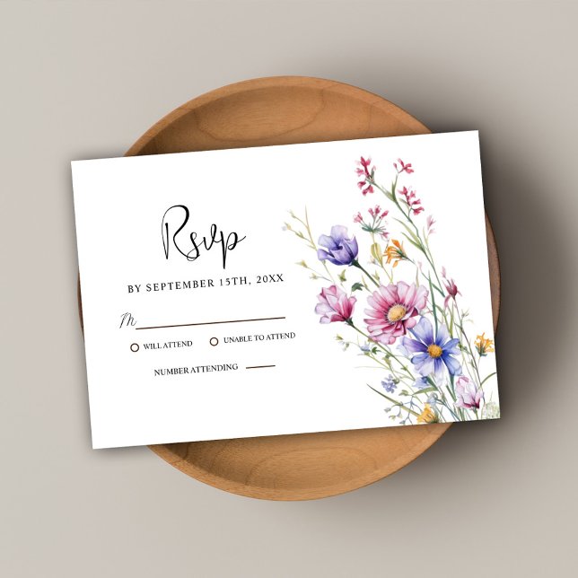 Tarjeta De Confirmación De Asistencia Moderno Boda Rústico Elegante de Flores Silvestres (Modern Rustic Elegant Wildflower Floral Wedding RSVP Card)