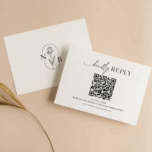 Tarjeta De Confirmación De Asistencia Moderno código QR de Boda de Boho blanco negro mín
