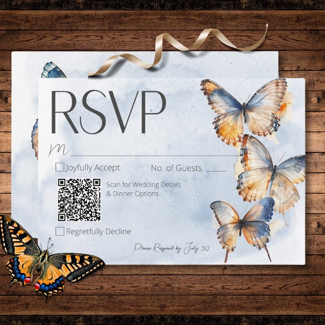 Tarjeta De Confirmación De Asistencia Moderno color de agua azul y rojizo mariposas QR C (Modern Blue & Rust Watercolor Butterflies QR Code RSVP Card)