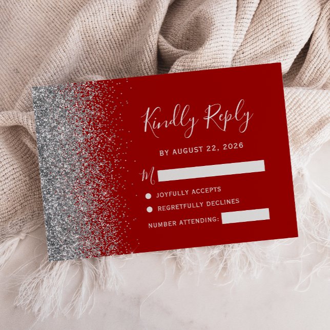 Tarjeta De Confirmación De Asistencia Moderno Crimson Red Silver Faux Purpurina Edge (Subido por el creador)