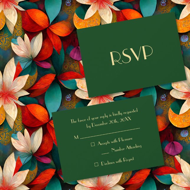Tarjeta De Confirmación De Asistencia Moderno Elegante Fiesta Navideña Dorado Verde (Modern Elegant Christmas Holiday Party Gold Green RSVP Card)